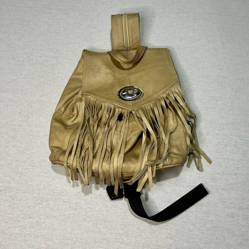 100% Leather Sling Bag / Backpack Fringed in Cream Made in Mexico